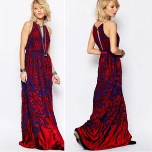 Elegant Red and Blue Floral Maxi Dress